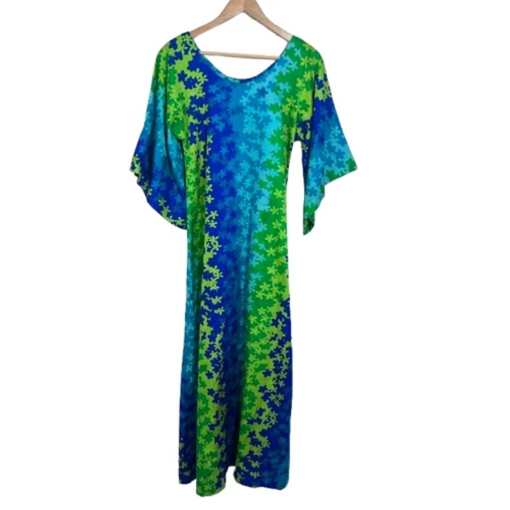 VTG Okolehau Mark Yamanaka Hawaiian Dress L Floral Maxi Bell Sleeve Bright 60s